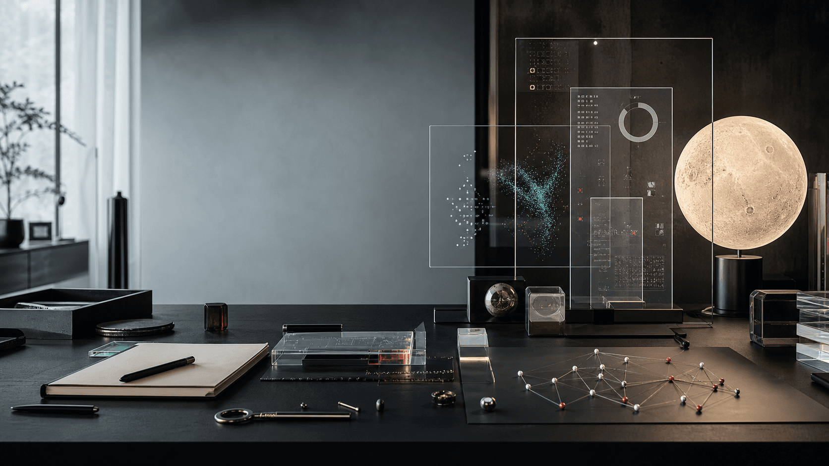 A refined software studio worktable with prototypes, interface panels, and moonlike light