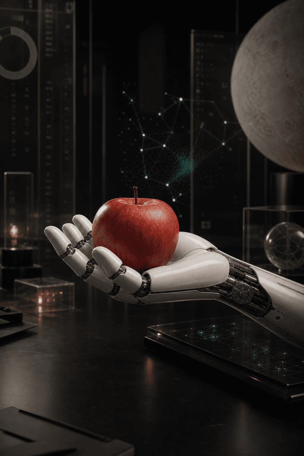 Synthetic hand holding an apple for Bicameral Labs